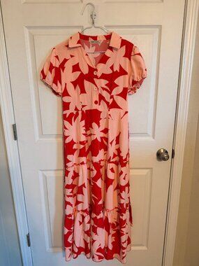 Red Leaf Maxi Dress Red Pink Leaf Print NEW WITH TAGS Tie Belt L